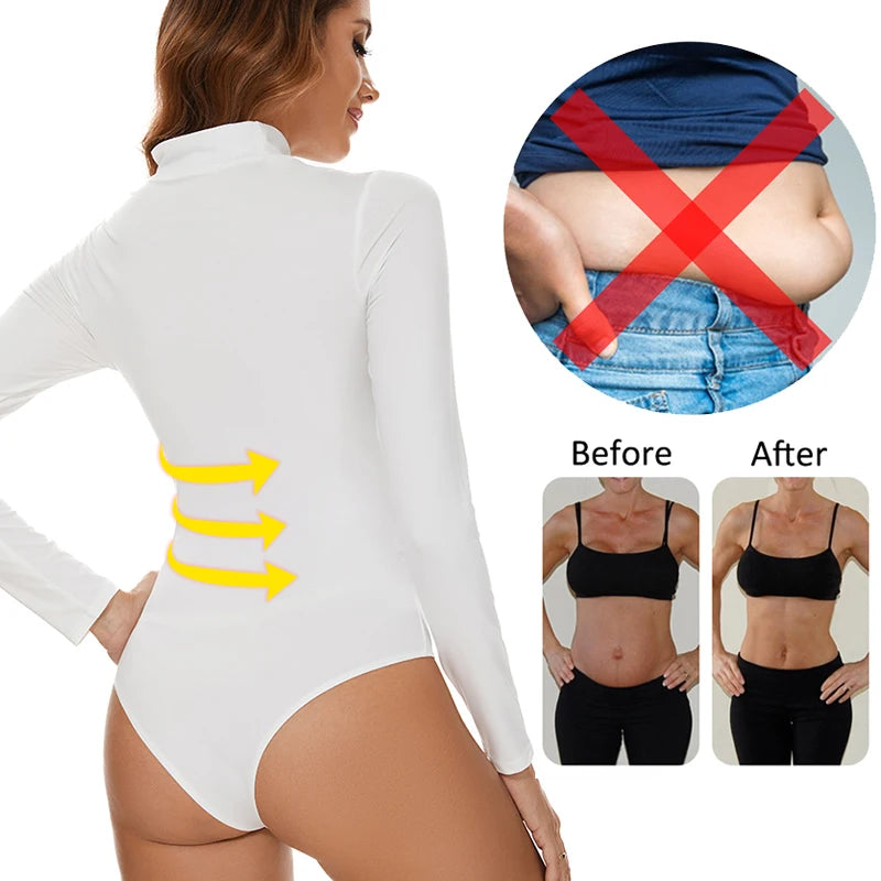 High Collar Bodysuits for Women Tummy Control Body Shaper Slimming Sexy Open Pore One-Piece Bodysuit Long Sleeves Shapewear New