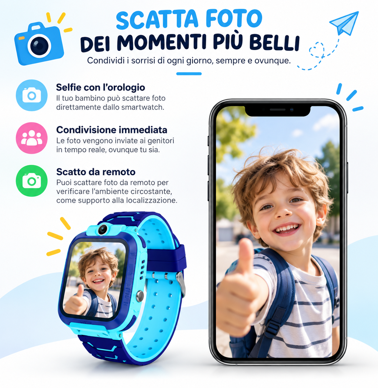 Fotocamera integrata smartwatch bambini, scatto foto e condivisione