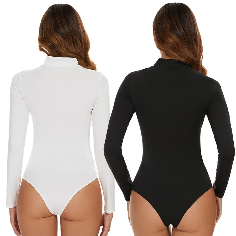 High Collar Bodysuits for Women Tummy Control Body Shaper Slimming Sexy Open Pore One-Piece Bodysuit Long Sleeves Shapewear New