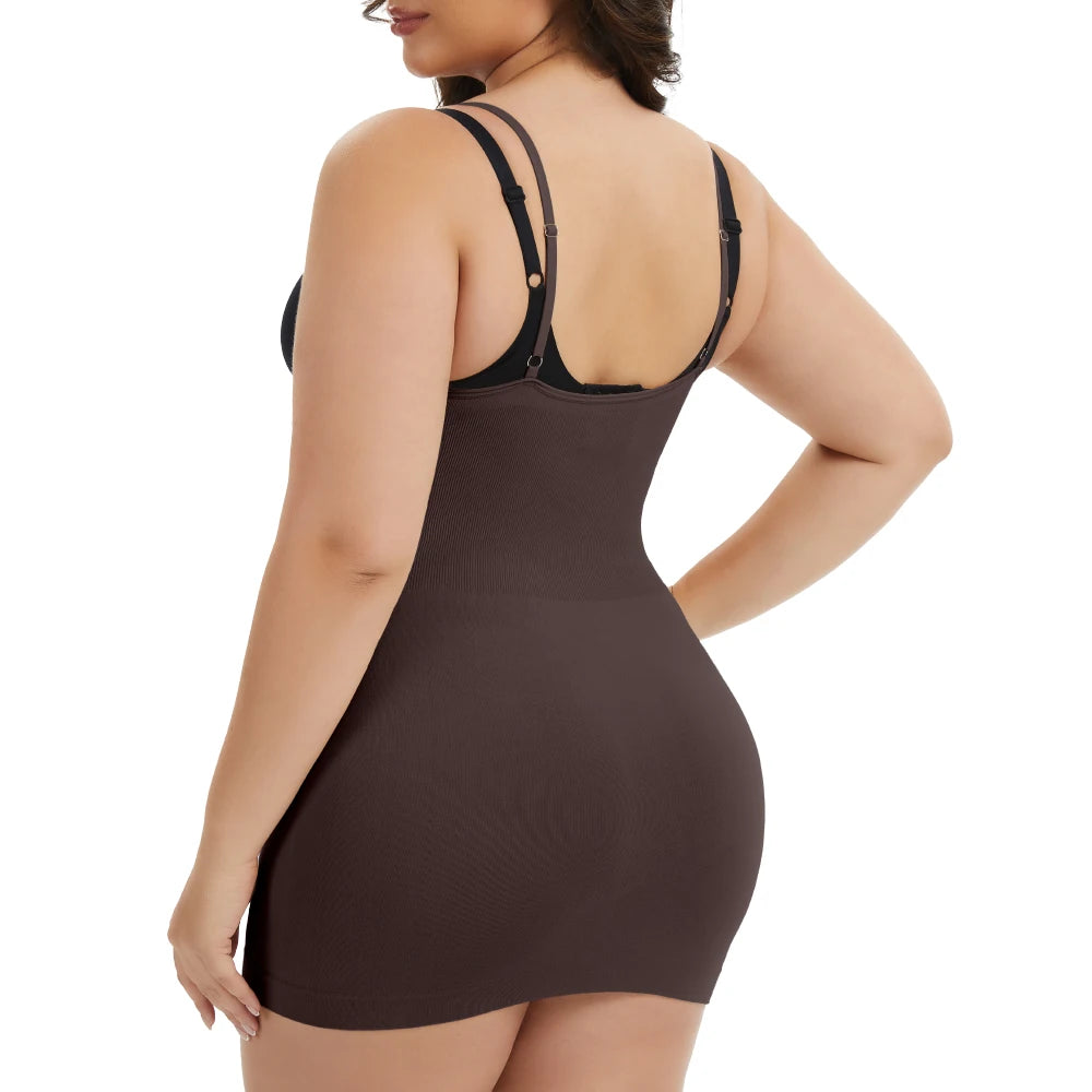 Plus Size Shapewear Dress for Women Tummy Control Open Bust Full Slip under Dresses Body Shaper Slip Adjustable Strap New