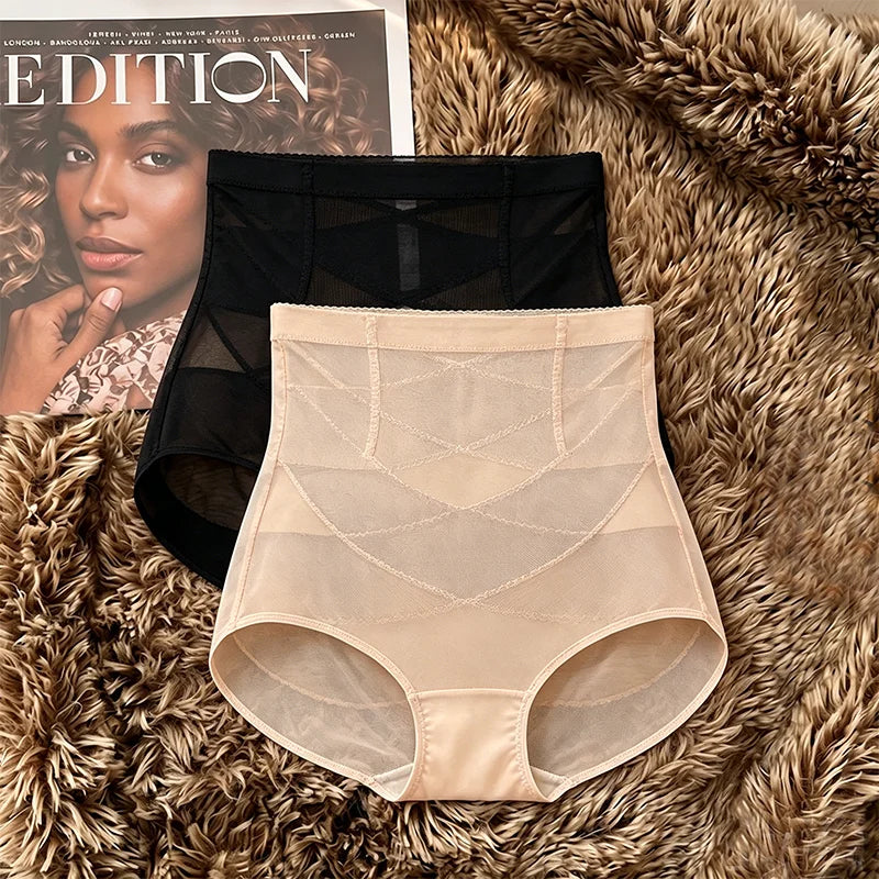 Women High Waist Panties Cross Mesh Shapewear Tummy Control Underwear Girls Briefs Breathable Solid Color Underpants