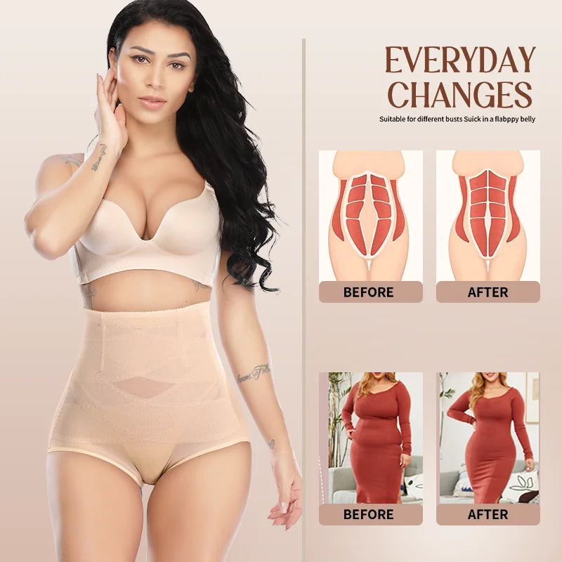 Women High Waist Panties Cross Mesh Shapewear Tummy Control Underwear Girls Briefs Breathable Solid Color Underpants