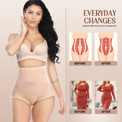 Women High Waist Panties Cross Mesh Shapewear Tummy Control Underwear Girls Briefs Breathable Solid Color Underpants