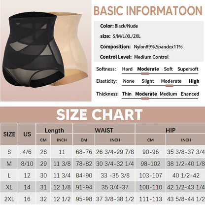 Women High Waist Panties Cross Mesh Shapewear Tummy Control Underwear Girls Briefs Breathable Solid Color Underpants