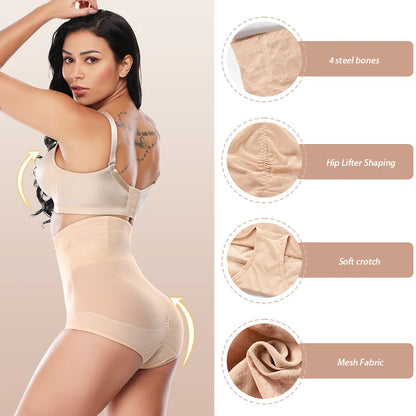 Women High Waist Panties Cross Mesh Shapewear Tummy Control Underwear Girls Briefs Breathable Solid Color Underpants