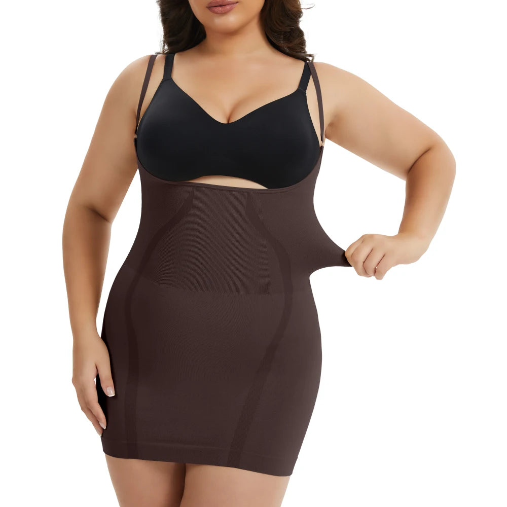 Plus Size Shapewear Dress for Women Tummy Control Open Bust Full Slip under Dresses Body Shaper Slip Adjustable Strap New