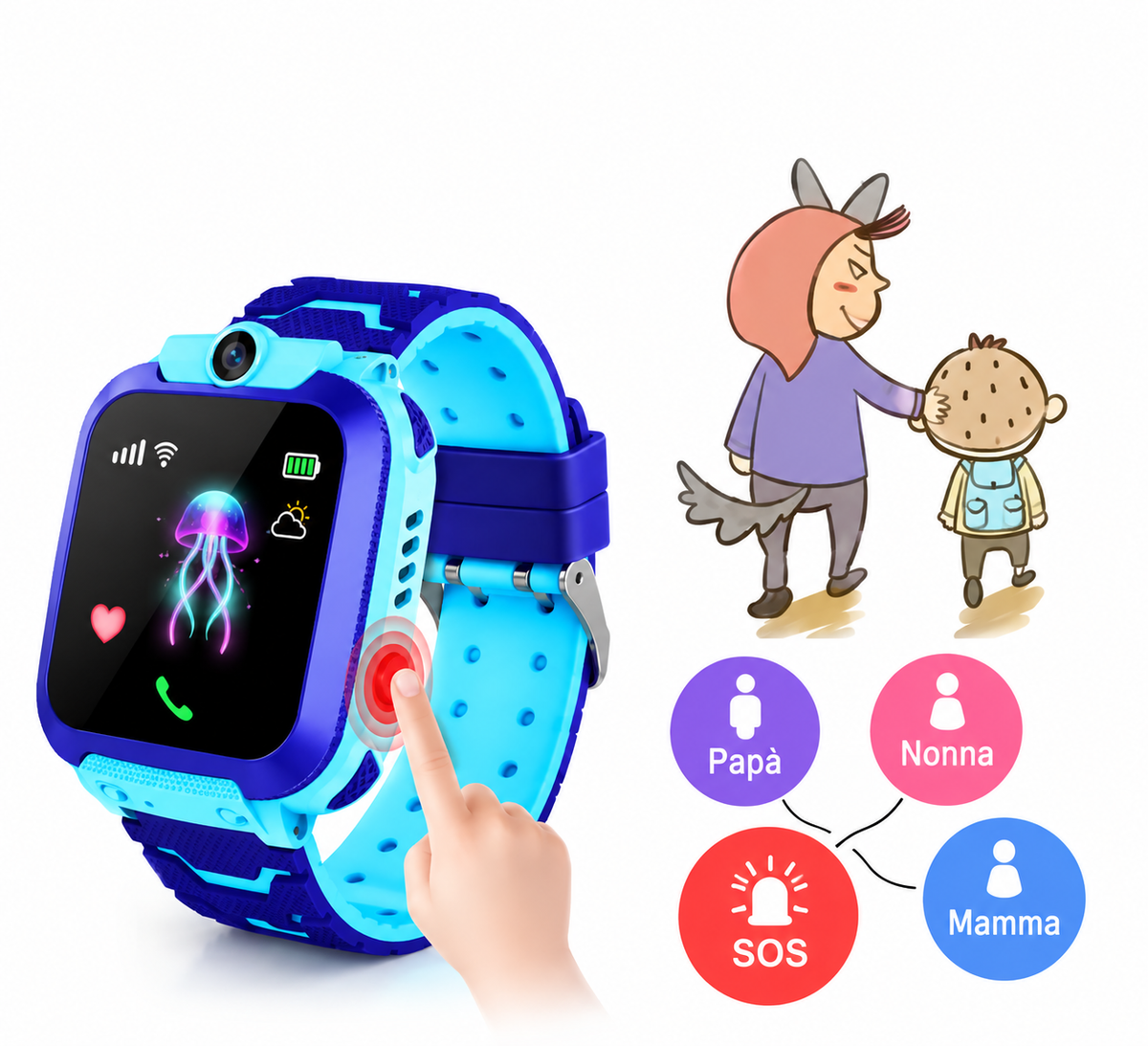 Tasto SOS smartwatch bambini con contatti Papa Nonna Mamma