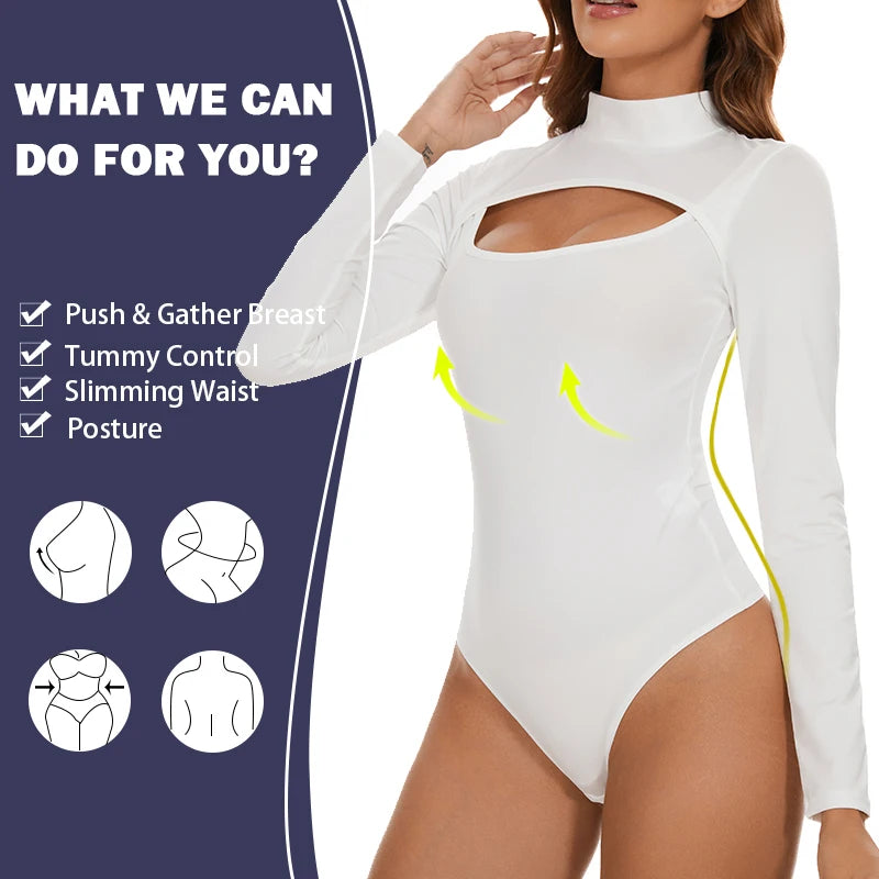 High Collar Bodysuits for Women Tummy Control Body Shaper Slimming Sexy Open Pore One-Piece Bodysuit Long Sleeves Shapewear New