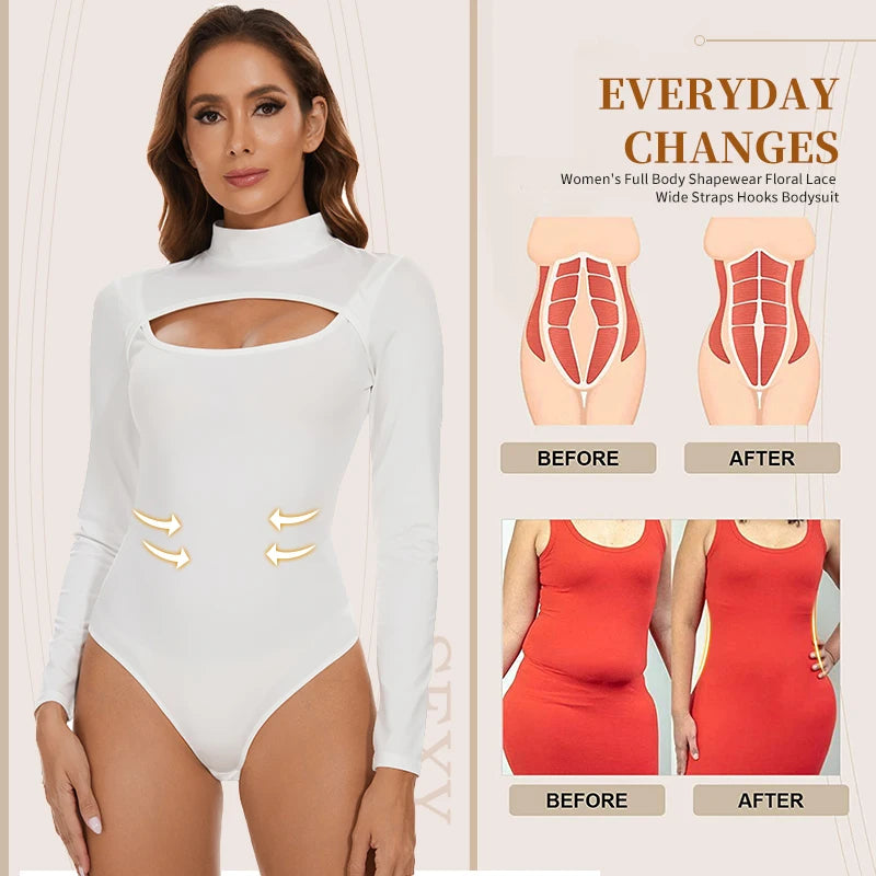High Collar Bodysuits for Women Tummy Control Body Shaper Slimming Sexy Open Pore One-Piece Bodysuit Long Sleeves Shapewear New