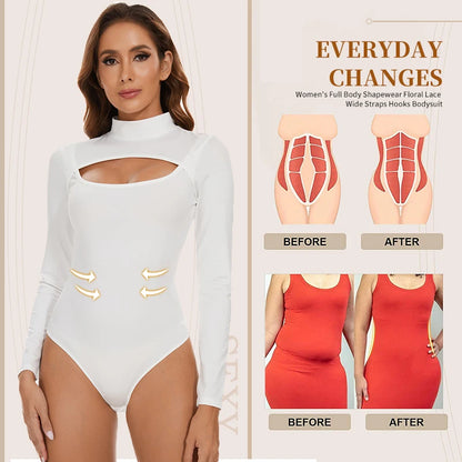 High Collar Bodysuits for Women Tummy Control Body Shaper Slimming Sexy Open Pore One-Piece Bodysuit Long Sleeves Shapewear New