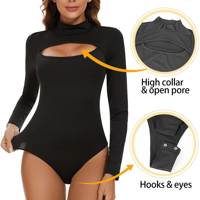 High Collar Bodysuits for Women Tummy Control Body Shaper Slimming Sexy Open Pore One-Piece Bodysuit Long Sleeves Shapewear New