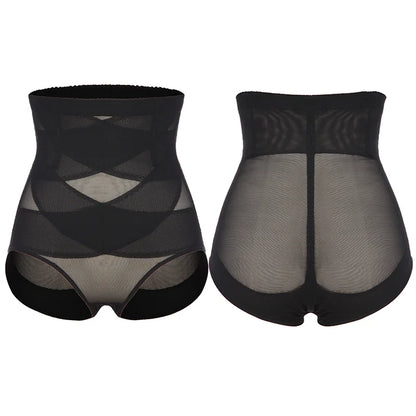 Women High Waist Panties Cross Mesh Shapewear Tummy Control Underwear Girls Briefs Breathable Solid Color Underpants