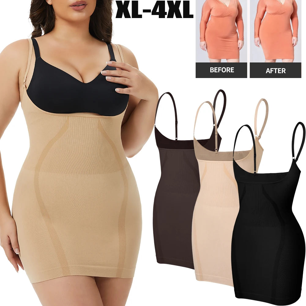 Plus Size Shapewear Dress for Women Tummy Control Open Bust Full Slip under Dresses Body Shaper Slip Adjustable Strap New