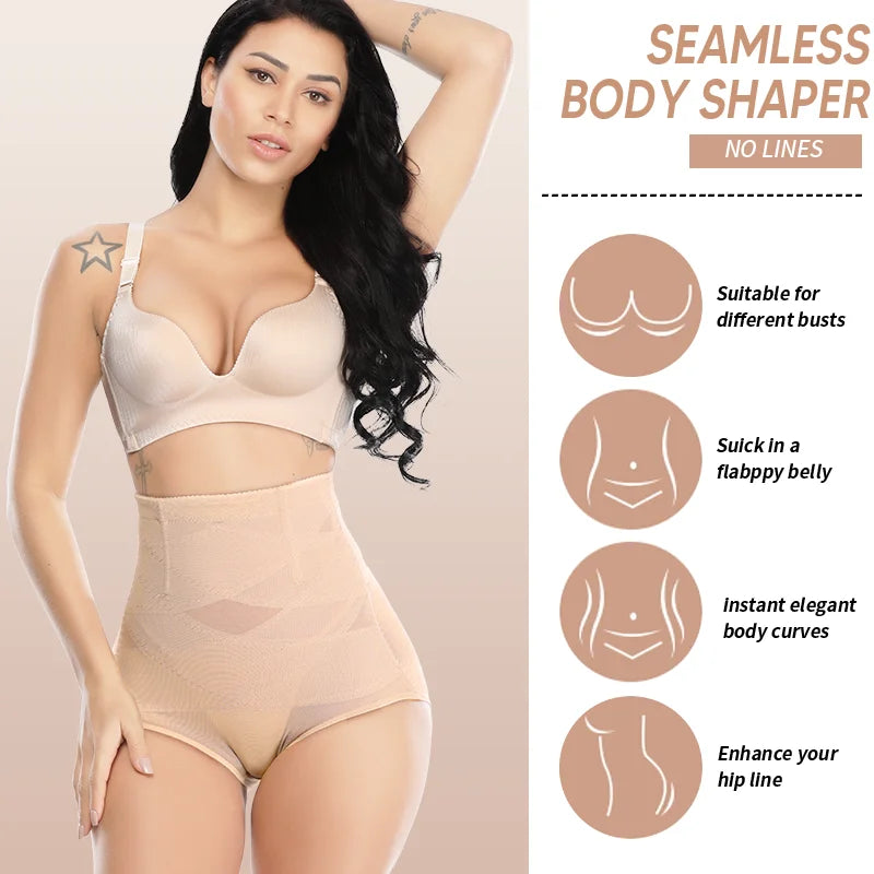 Women High Waist Panties Cross Mesh Shapewear Tummy Control Underwear Girls Briefs Breathable Solid Color Underpants